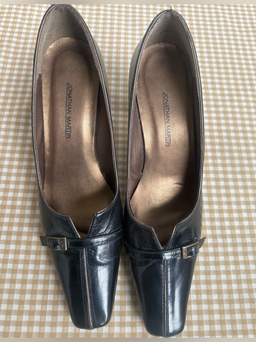 Vintage Square-Toe Leather Heels with Strap Accent